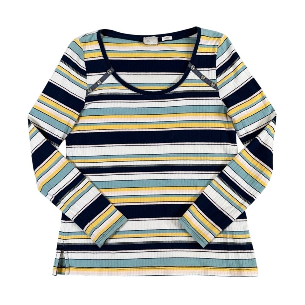 Anthropologie Striped Ribbed Long Sleeve Top Button Detail Navy Teal Yellow M